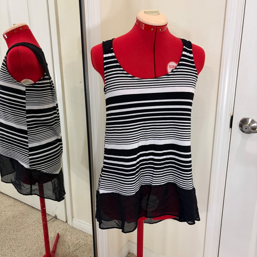 Mod High-Low Black White Striped Sheer Trim Tank Top